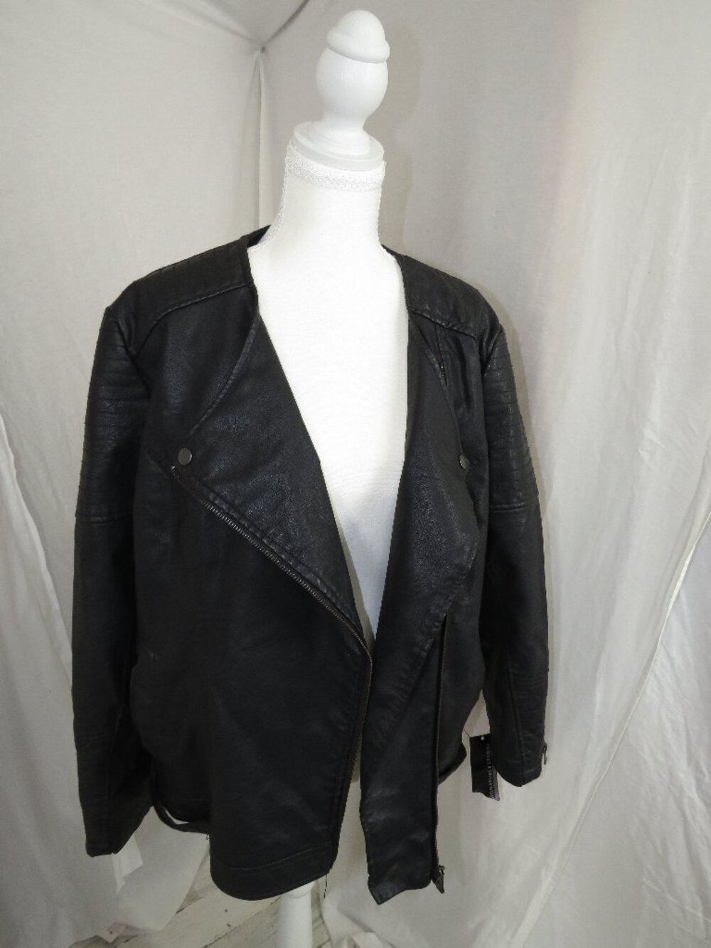 Plus Size Black Faux Leather Moto Jacket 1X - Signature Studio Biker Style Zip